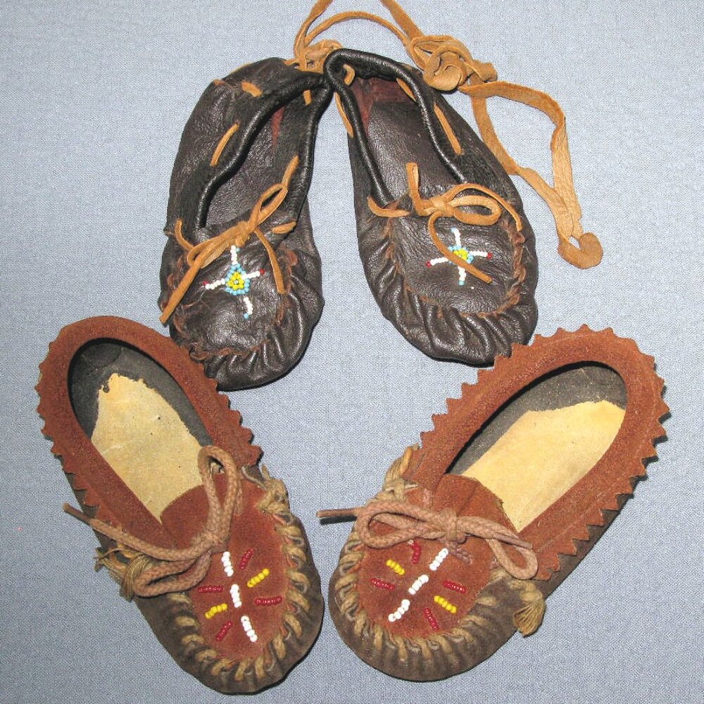 2 PAIRS CHILD BEADED MOCASINS, VINTAGE WESTERN DECOR, NATIVE AMERICAN